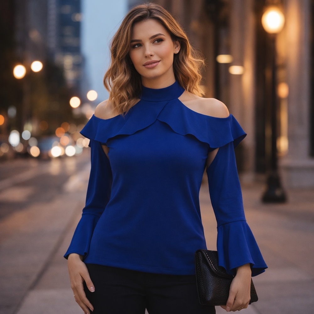 INC Cobalt Cold Shoulder Ruffle Blouse‎ Mock Neck XS